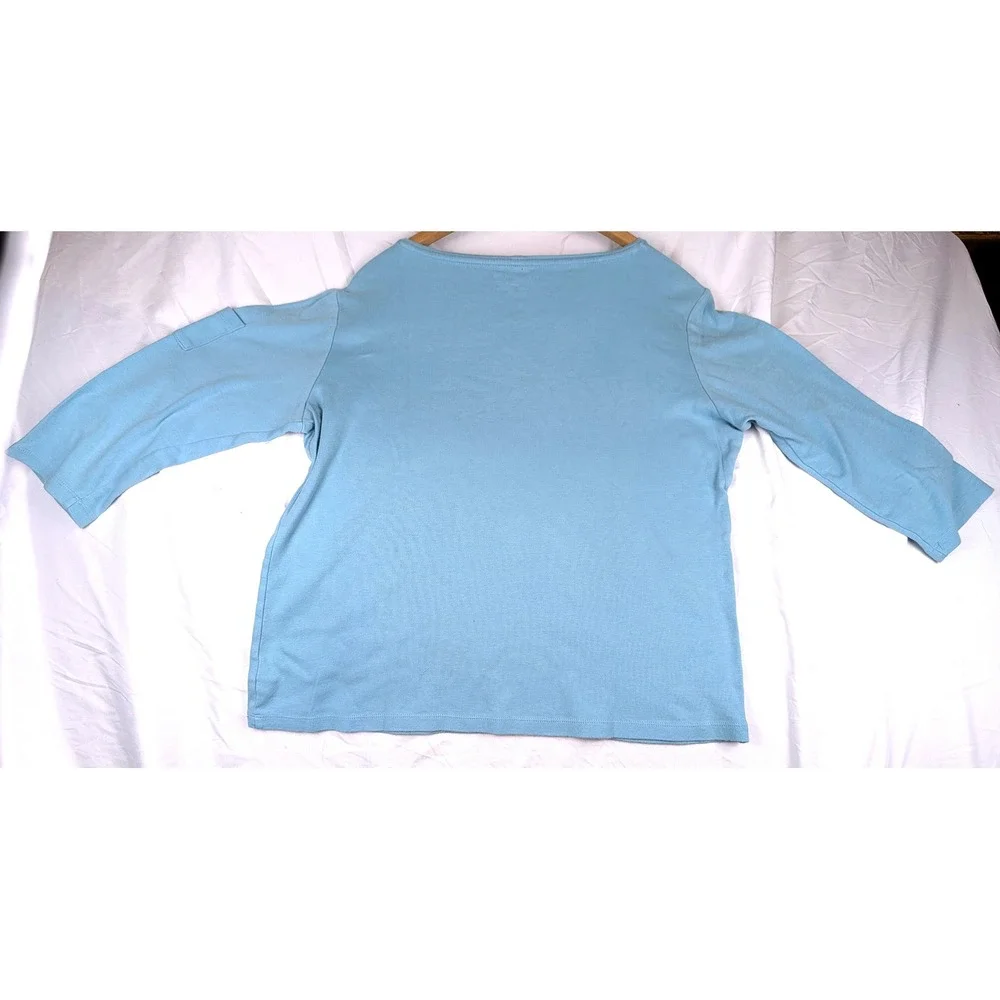 Coldwater Creek Womens L Light Blue Cotton Boat Neck 3/4 Sleeve Top Arm Pocket